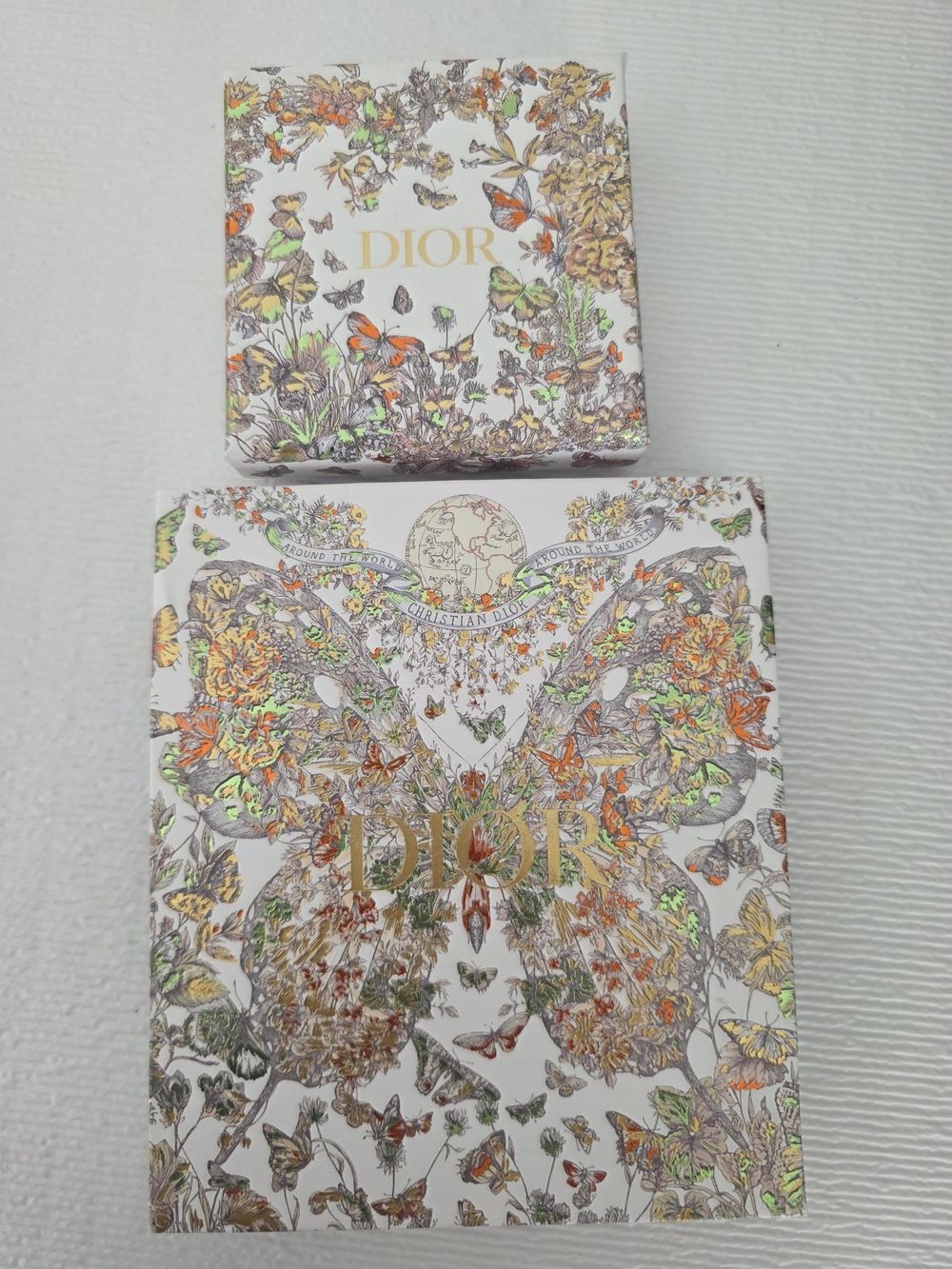 Dior White Box Floral Foil Bag and gift box with ribbon, Tissue Paper